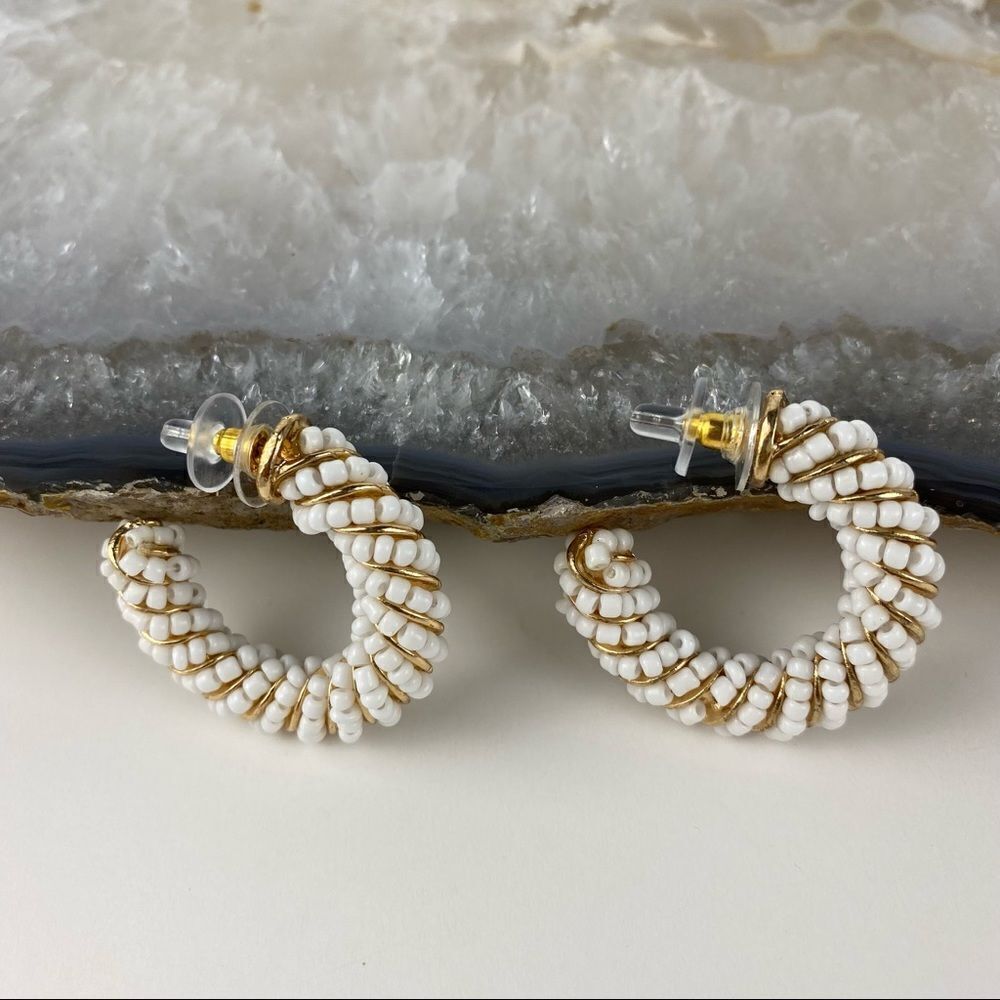 NWT Beaded White and Gold Hoops